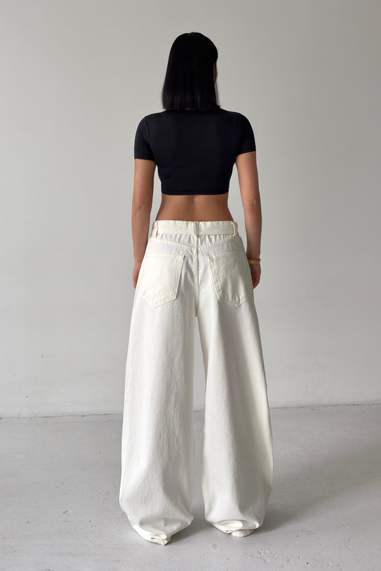 Routines Folded Waist Baggy Jeans - Cream 1480-9 - ROUTINES