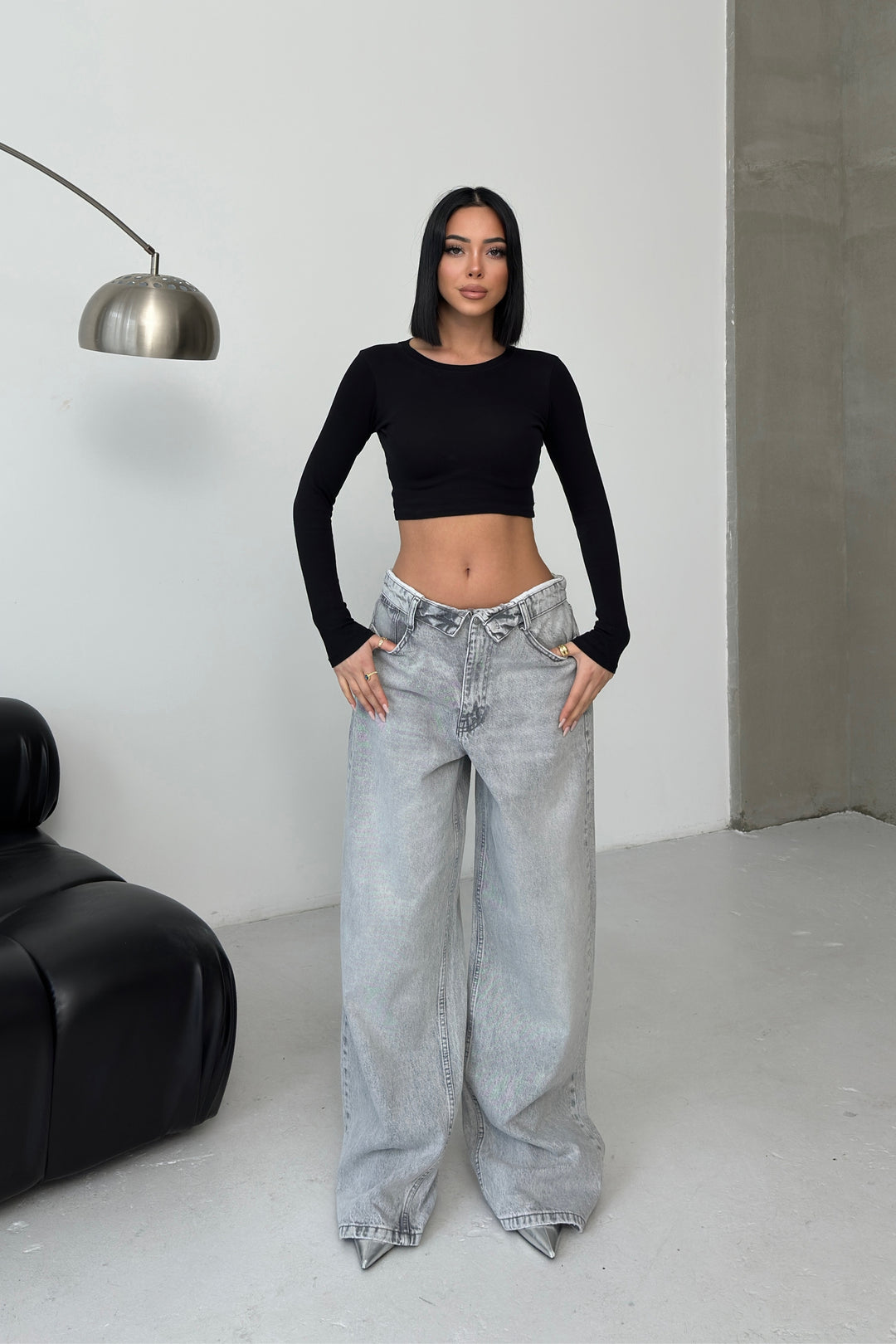 Routines Folded Waist Baggy Jeans - Grey 1480-4 - ROUTINES