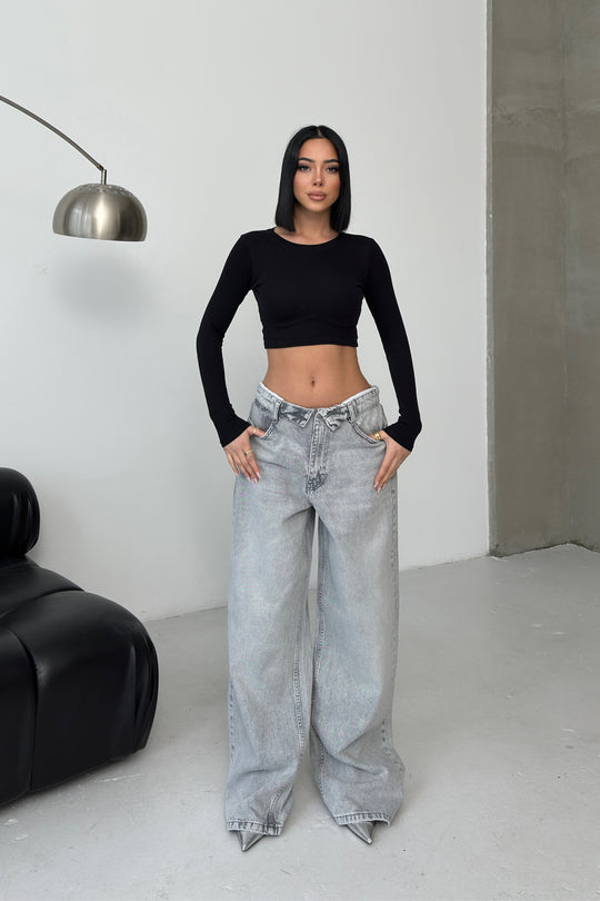 Routines Folded Waist Baggy Jeans - Grey 1480-4 - ROUTINES