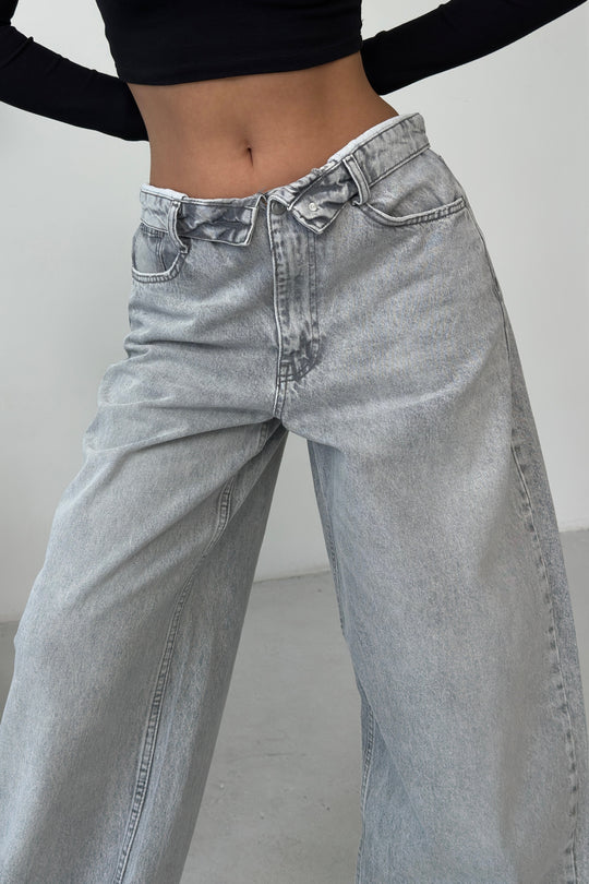 Routines Folded Waist Baggy Jeans - Grey 1480-4 - ROUTINES