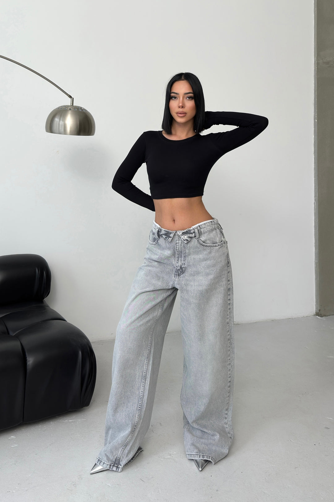 Routines Folded Waist Baggy Jeans - Grey 1480-4 - ROUTINES