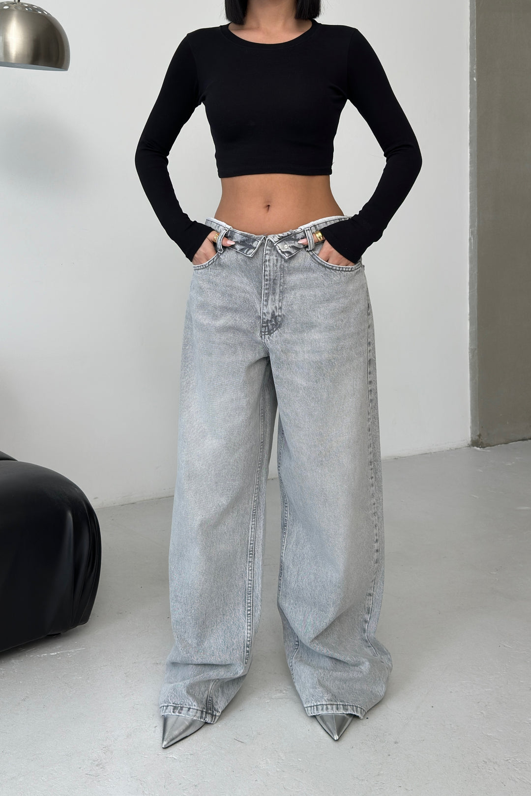 Routines Folded Waist Baggy Jeans - Grey 1480-4 - ROUTINES