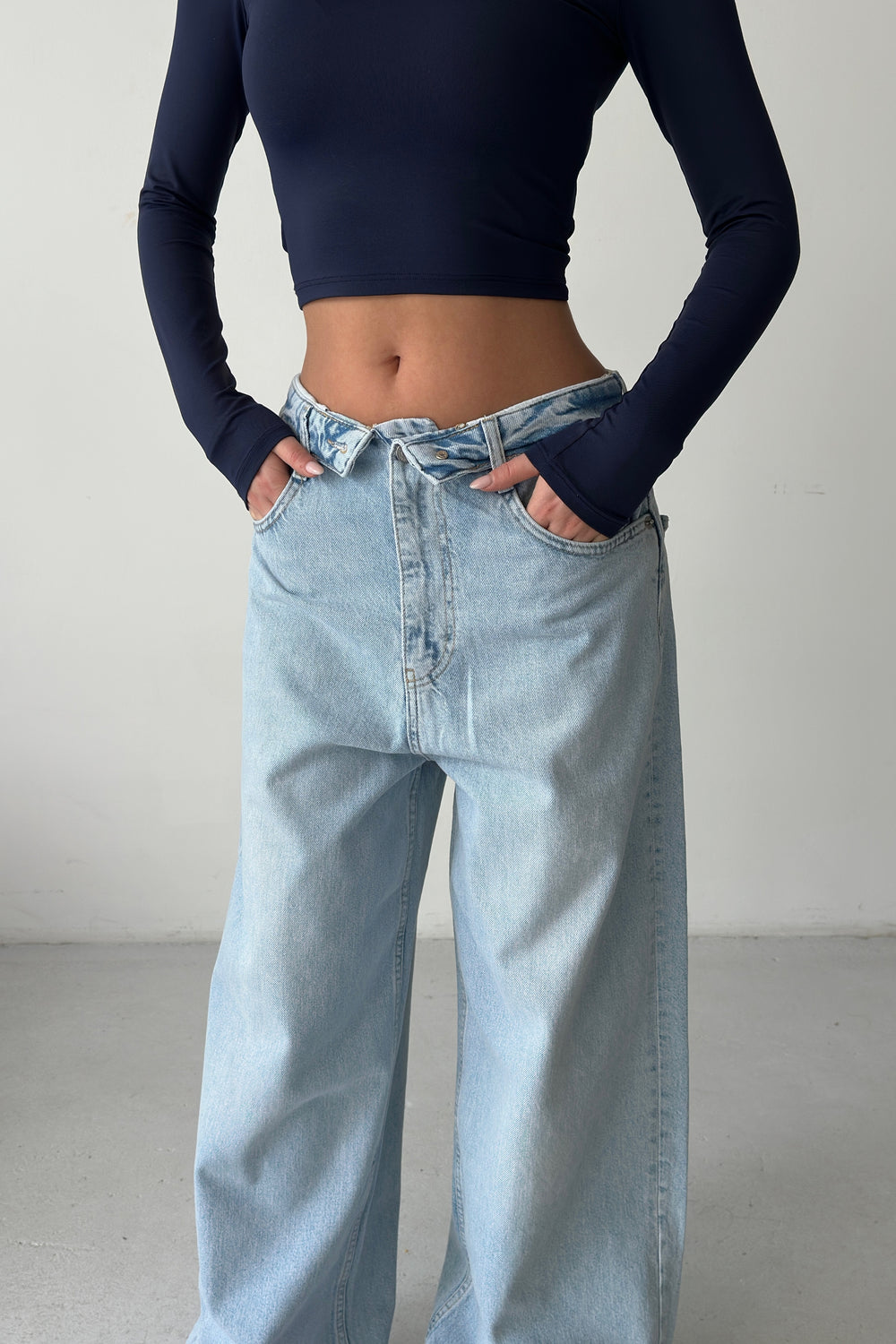 Routines Folded Waist Baggy Jeans - Light Blue 3721 Jeans Routines Fashion