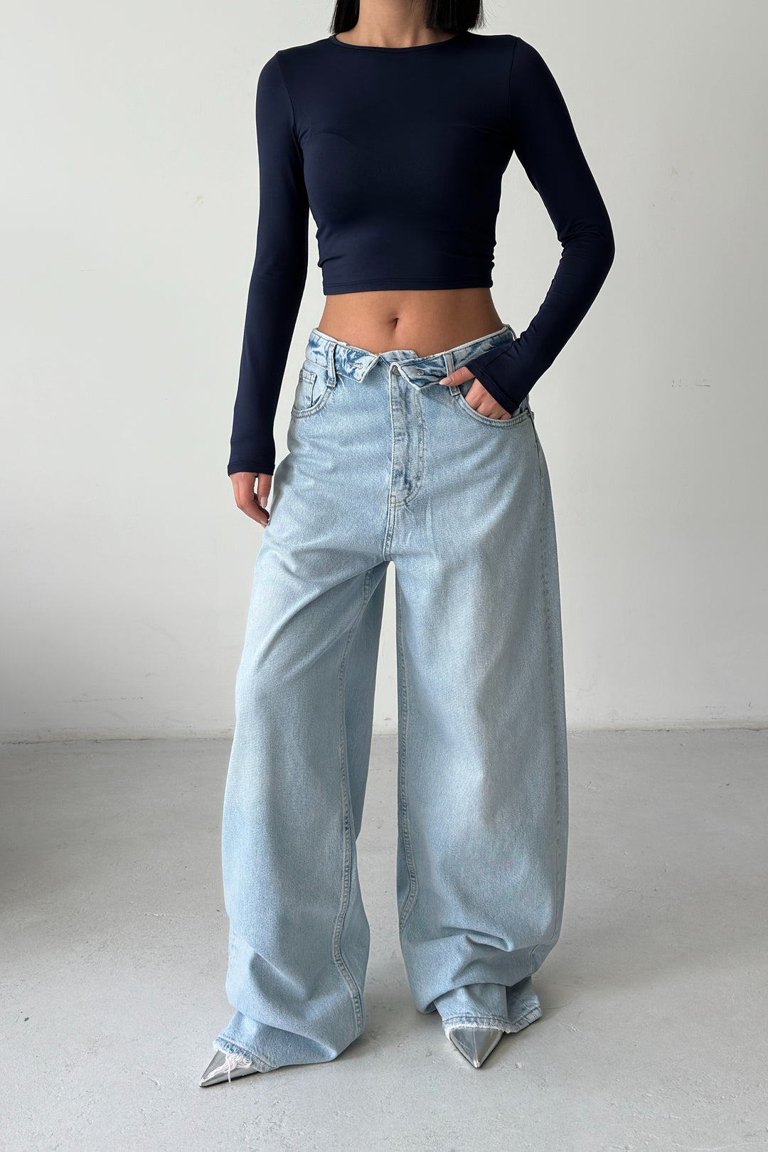 Routines Folded Waist Baggy Jeans - Light Blue 3721 Jeans Routines Fashion