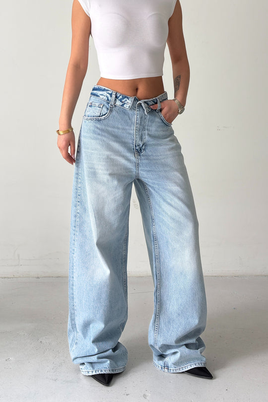 Routines Folded Waist Baggy Jeans - Light Blue 8185 - ROUTINES