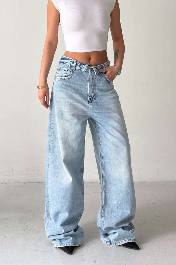Routines Folded Waist Baggy Jeans - Light Blue 8185 Jeans Routines Fashion