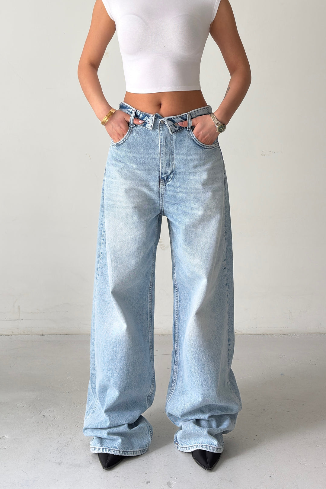 Routines Folded Waist Baggy Jeans - Light Blue 8185 - ROUTINES