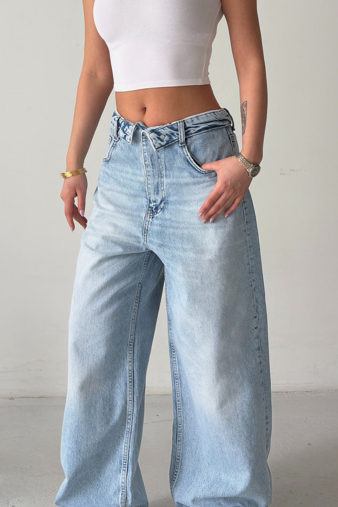 Routines Folded Waist Baggy Jeans - Light Blue 8185 - ROUTINES
