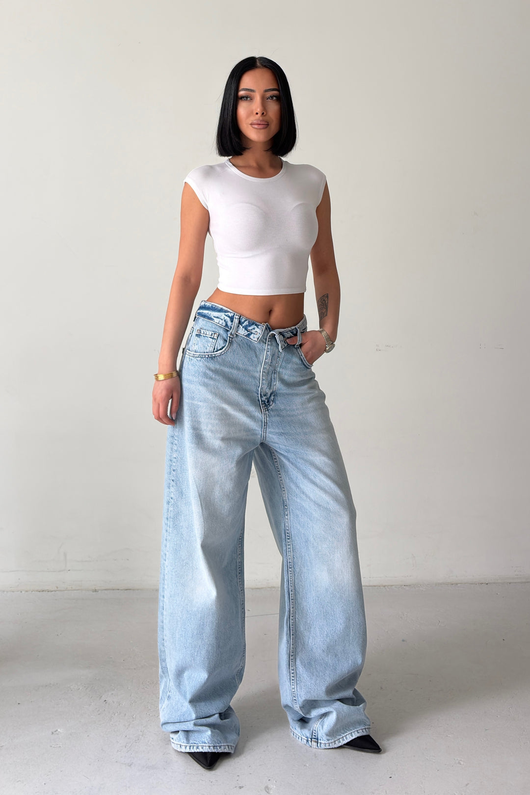 Routines Folded Waist Baggy Jeans - Light Blue 8185 - ROUTINES