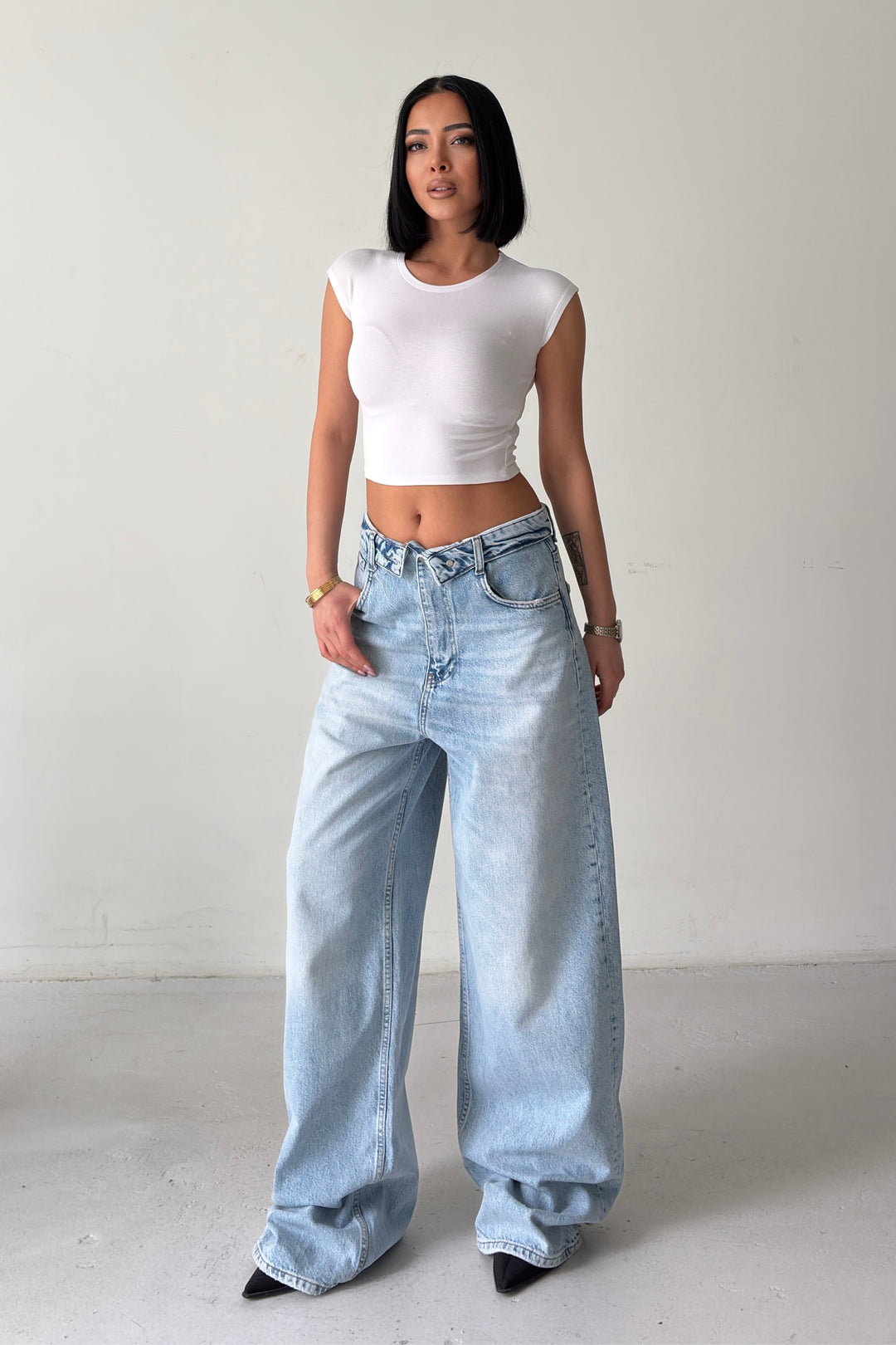 Routines Folded Waist Baggy Jeans - Light Blue 8185 - ROUTINES