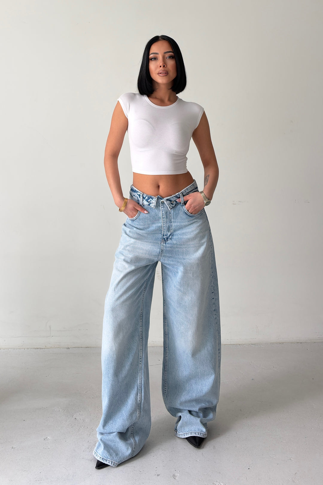 Routines Folded Waist Baggy Jeans - Light Blue 8185 - ROUTINES