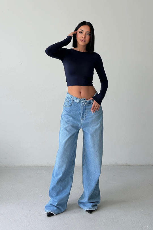 Routines Folded Waist Baggy Jeans - Mid Blue 3722 - ROUTINES