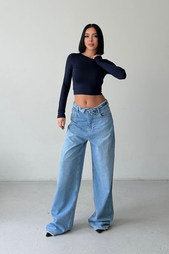 Routines Folded Waist Baggy Jeans - Mid Blue 3722 - ROUTINES