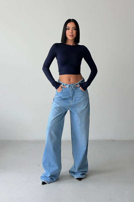 Routines Folded Waist Baggy Jeans - Mid Blue 3722 - ROUTINES