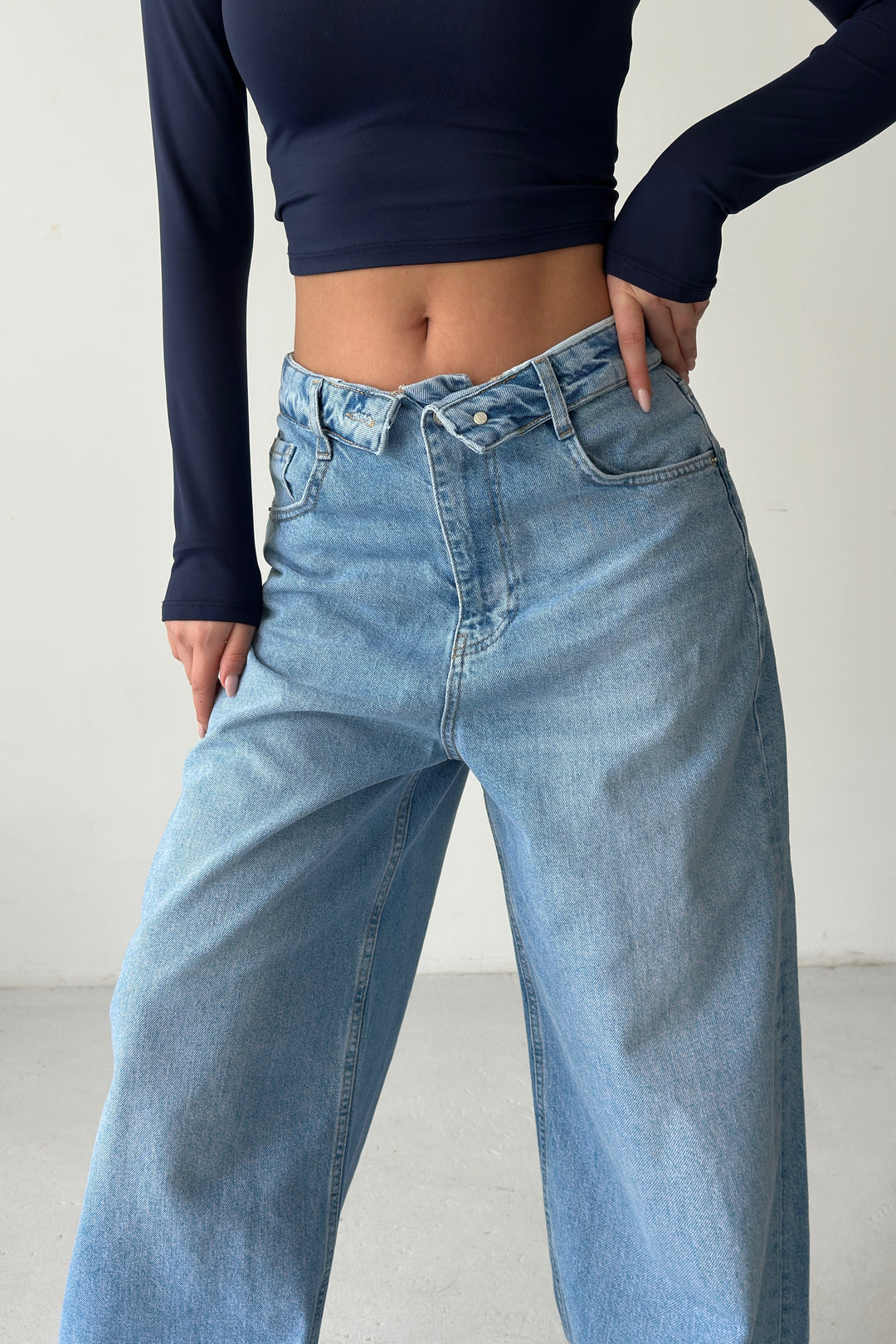 Routines Folded Waist Baggy Jeans - Mid Blue 3722 - ROUTINES
