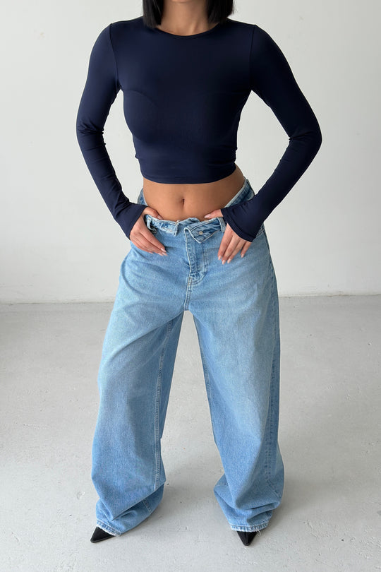 Routines Folded Waist Baggy Jeans - Mid Blue 3722 - ROUTINES