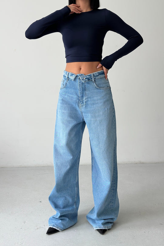 Routines Folded Waist Baggy Jeans - Mid Blue 3722 - ROUTINES