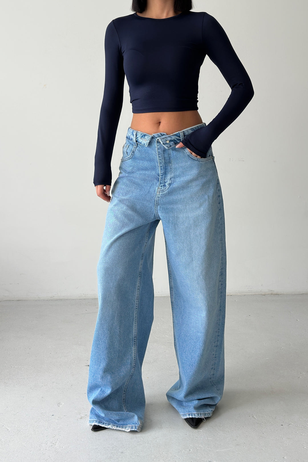Routines Folded Waist Baggy Jeans - Mid Blue 3722 - ROUTINES