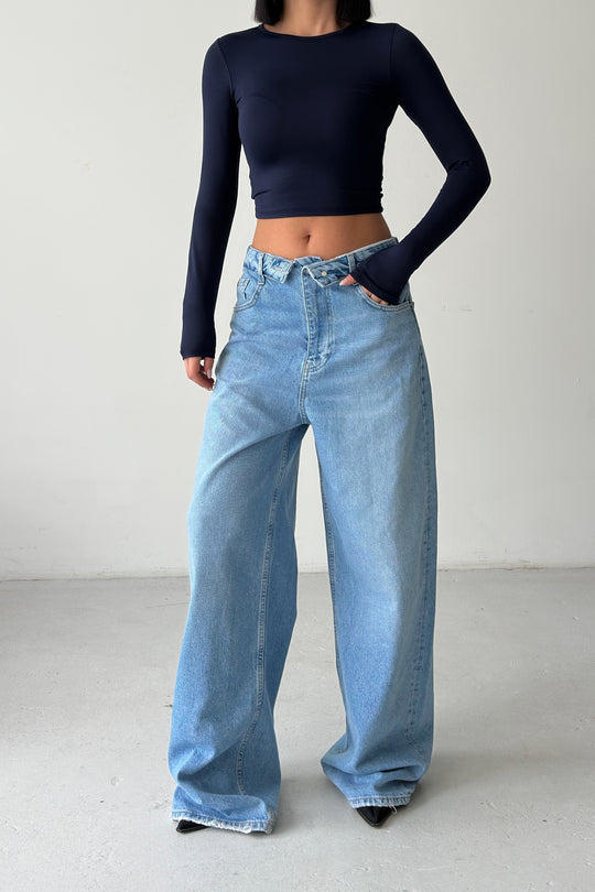 Routines Folded Waist Baggy Jeans - Mid Blue 3722 - ROUTINES