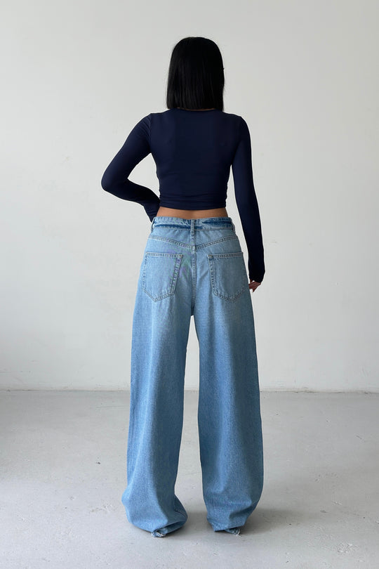 Routines Folded Waist Baggy Jeans - Mid Blue 3722 - ROUTINES