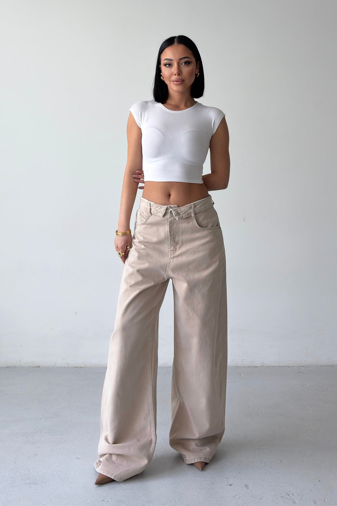Routines Folded Waist Baggy Jeans - Stone 3726 - ROUTINES