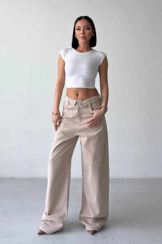 Routines Folded Waist Baggy Jeans - Stone 3726 - ROUTINES