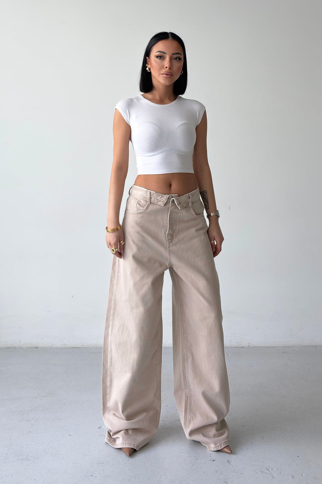 Routines Folded Waist Baggy Jeans - Stone 3726 - ROUTINES