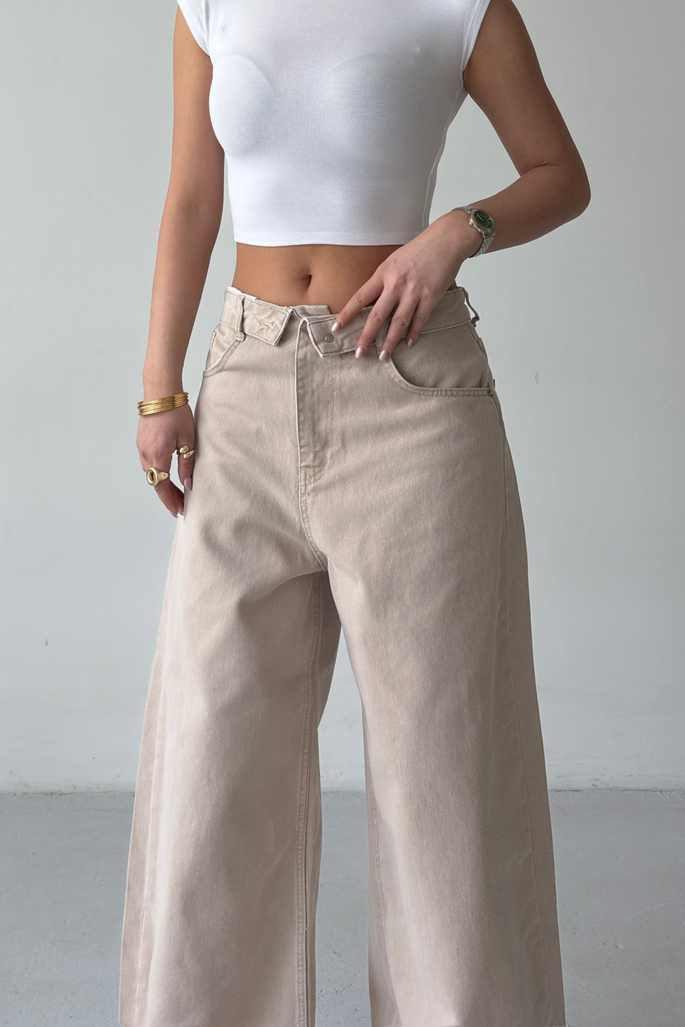 Routines Folded Waist Baggy Jeans - Stone 3726 - ROUTINES