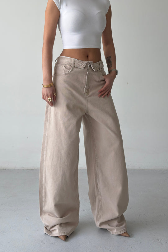 Routines Folded Waist Baggy Jeans - Stone 3726 - ROUTINES