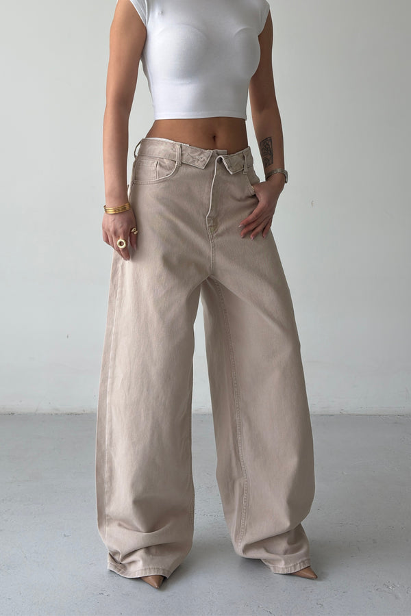 Routines Folded Waist Baggy Jeans - Stone 3726 - ROUTINES