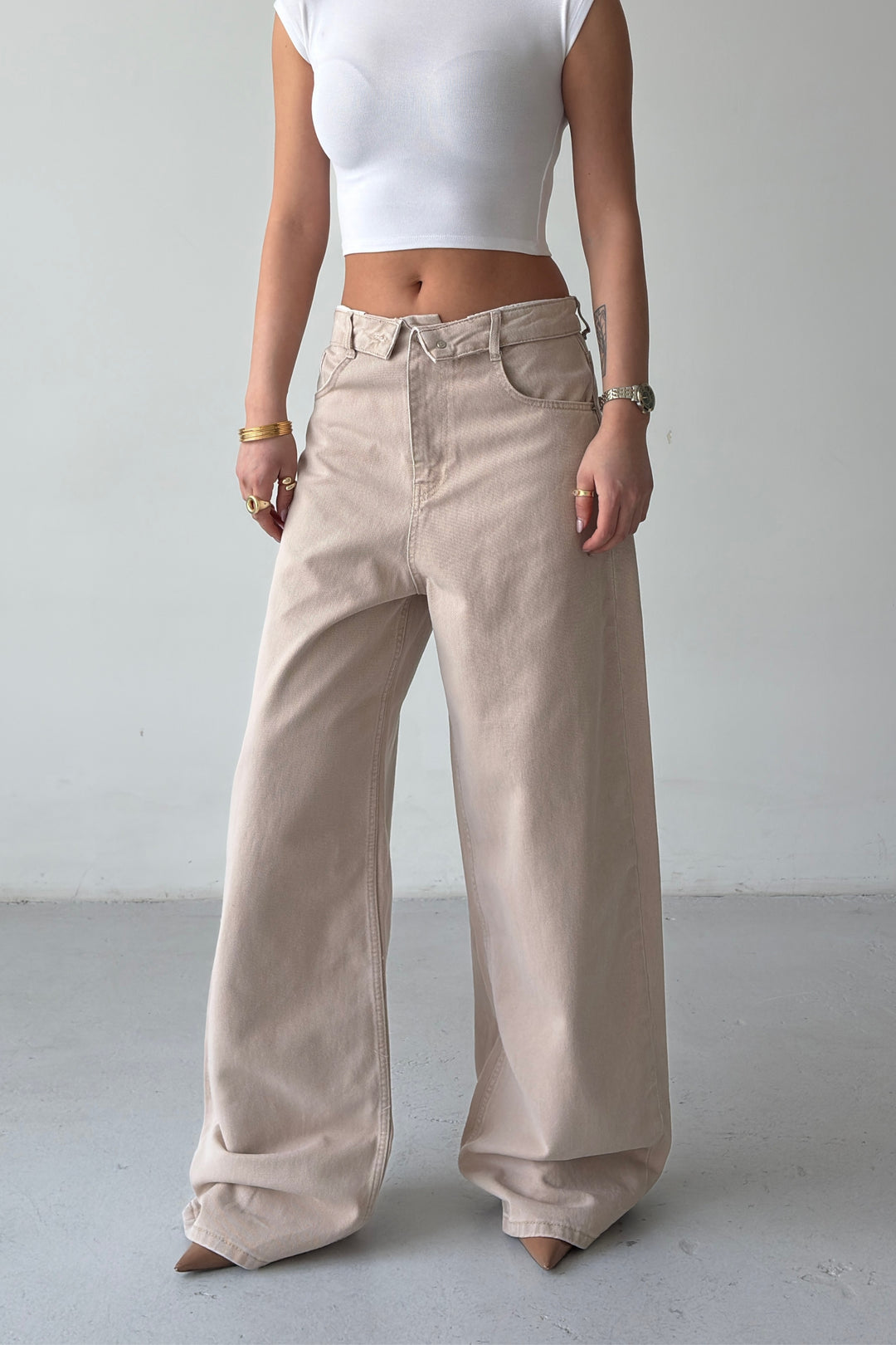 Routines Folded Waist Baggy Jeans - Stone 3726 - ROUTINES