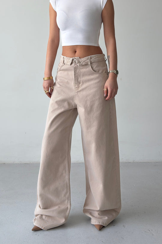 Routines Folded Waist Baggy Jeans - Stone 3726 - ROUTINES