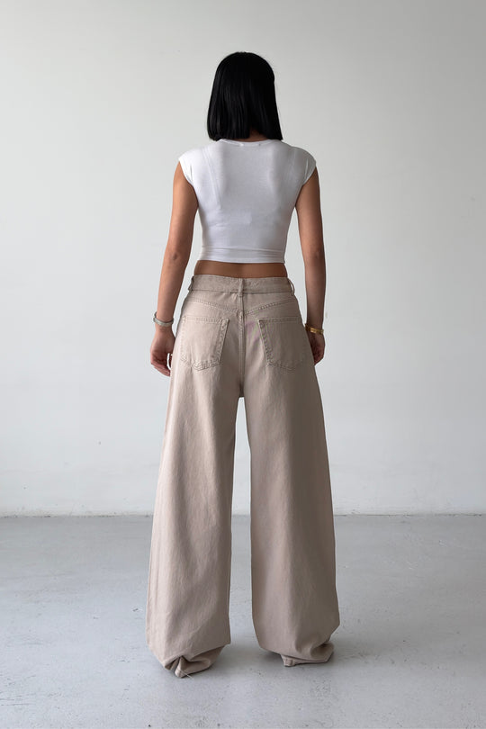 Routines Folded Waist Baggy Jeans - Stone 3726 - ROUTINES