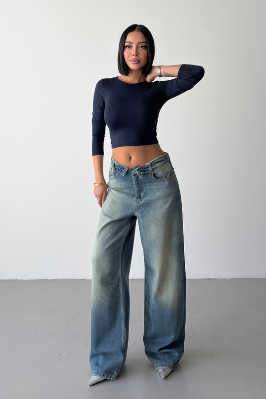 Routines Folded Waist Baggy Jeans - Vintage Blue 1480-13