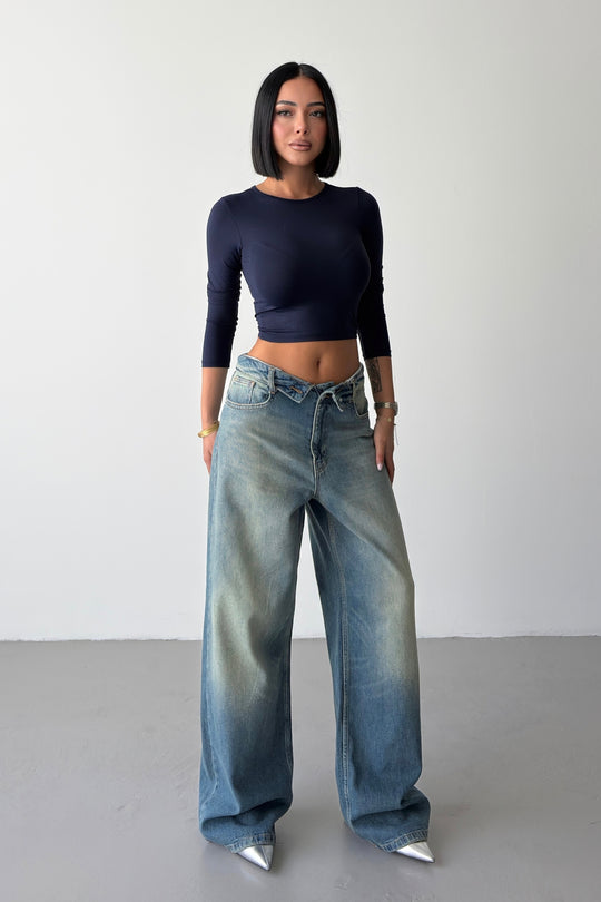 Routines Folded Waist Baggy Jeans - Vintage Blue 1480-13