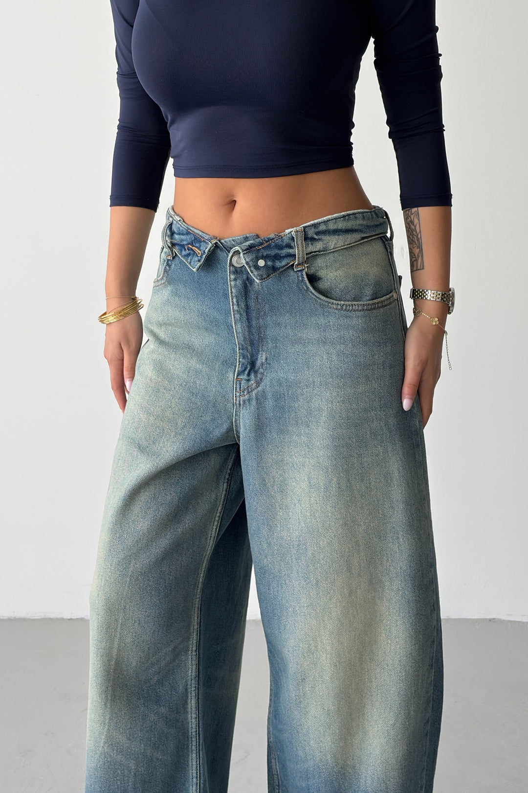 Routines Folded Waist Baggy Jeans - Vintage Blue 1480-13
