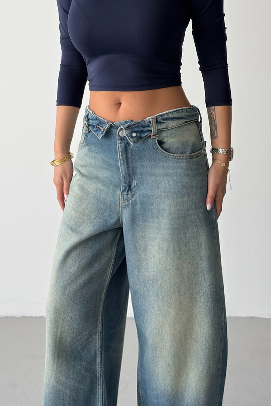 Routines Folded Waist Baggy Jeans - Vintage Blue 1480-13