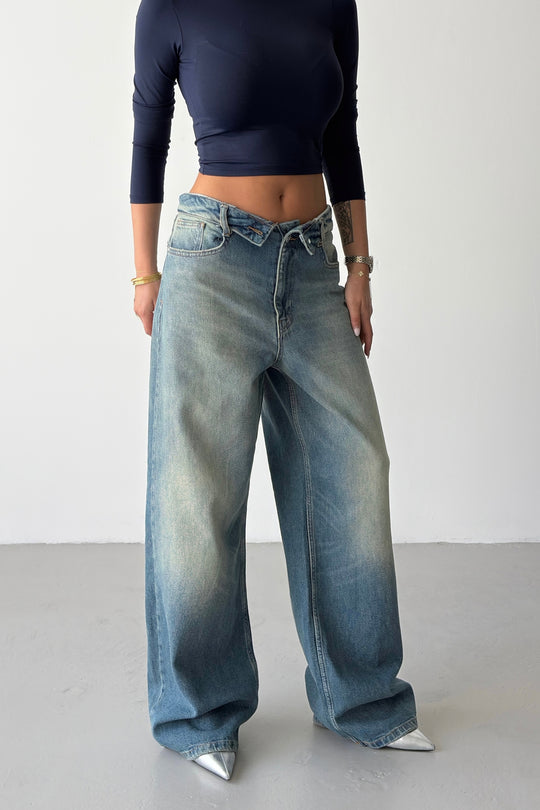 Routines Folded Waist Baggy Jeans - Vintage Blue 1480-13