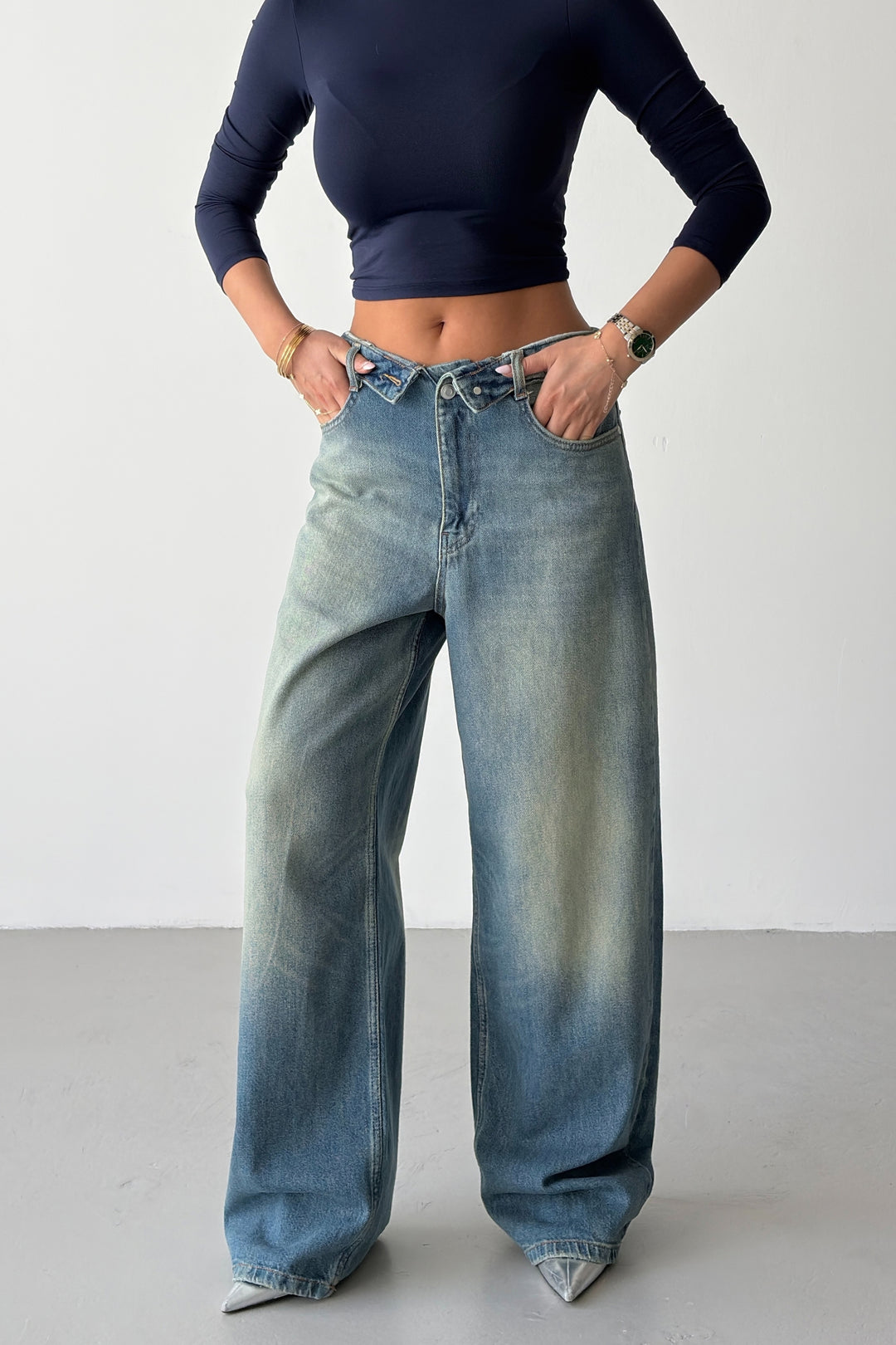 Routines Folded Waist Baggy Jeans - Vintage Blue 1480-13