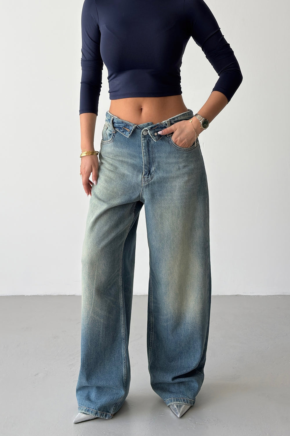 Routines Folded Waist Baggy Jeans - Vintage Blue 1480-13 - ROUTINES