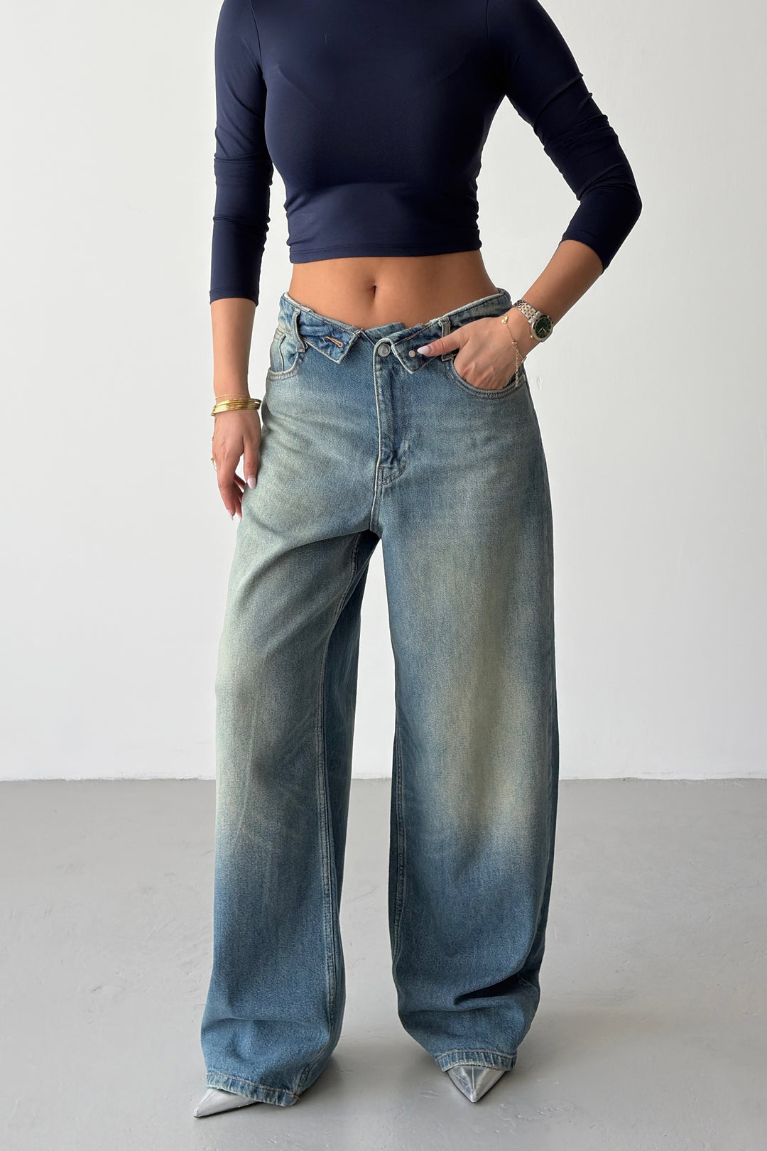 Routines Folded Waist Baggy Jeans - Vintage Blue 1480-13