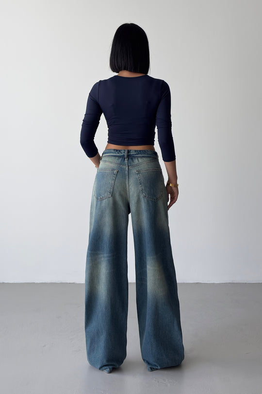 Routines Folded Waist Baggy Jeans - Vintage Blue 1480-13