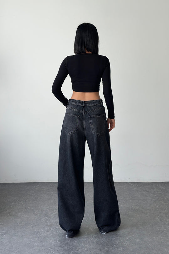 Routines Folded Waist Baggy Jeans - Washed Black 3724 Jeans Routines Fashion