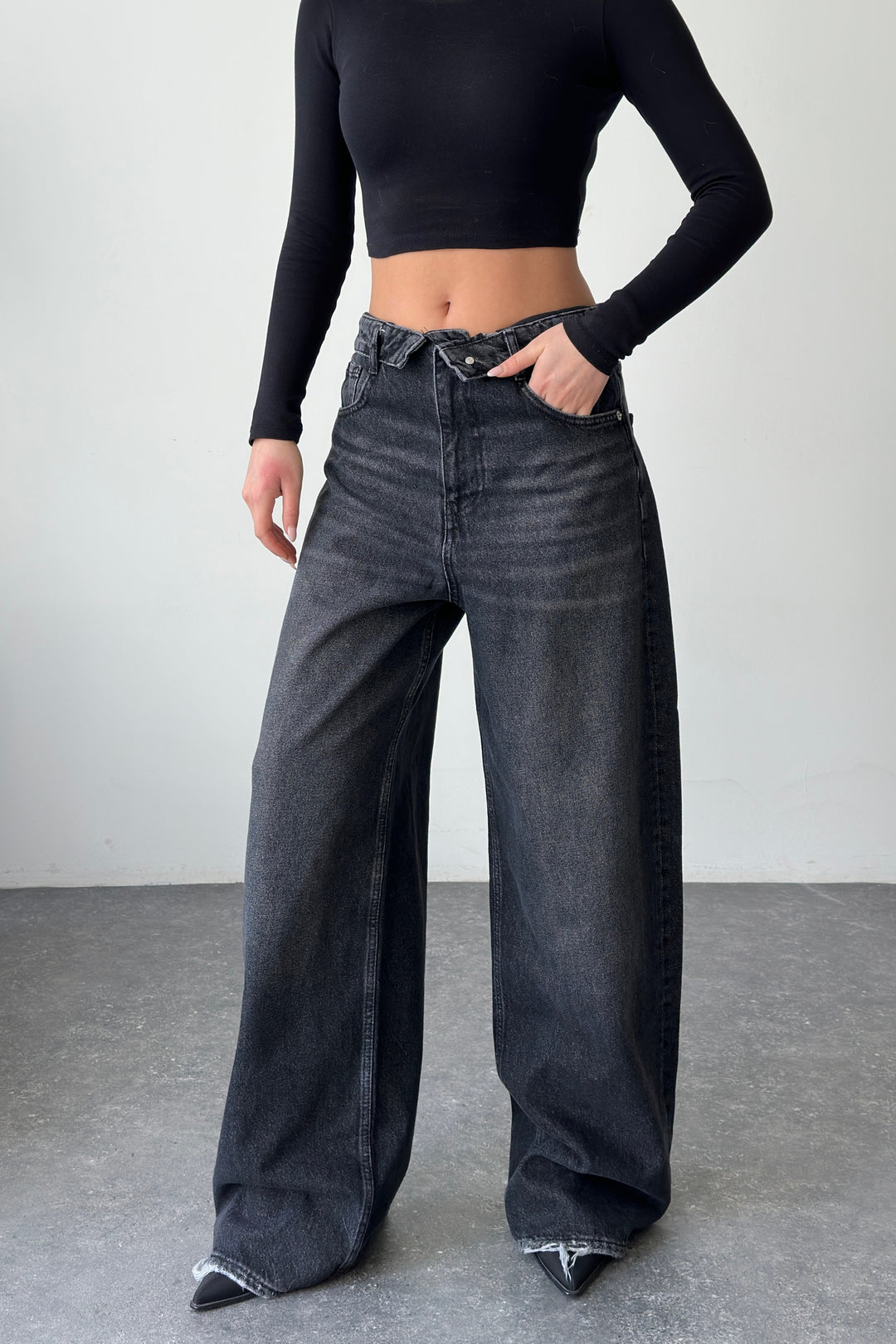 Routines Folded Waist Baggy Jeans - Washed Black 3724 Jeans Routines Fashion