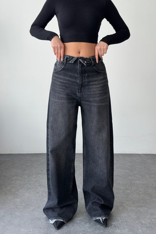 Routines Folded Waist Baggy Jeans - Washed Black 3724 Jeans Routines Fashion