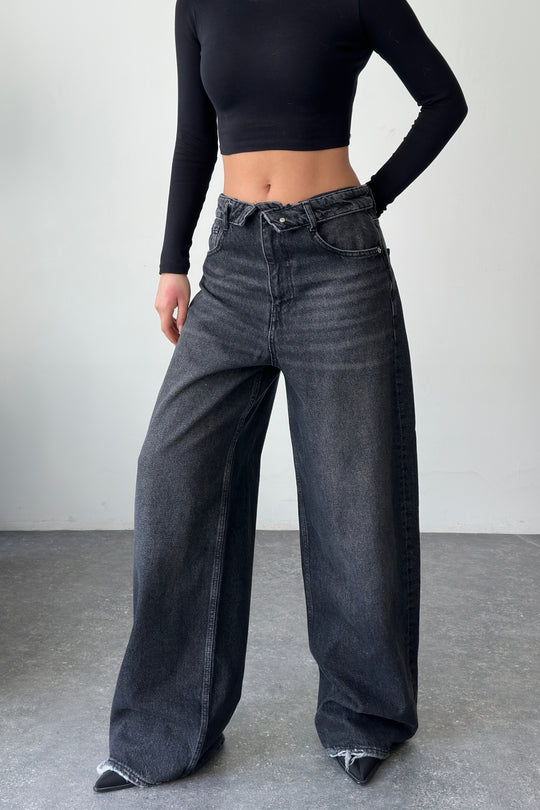 Routines Folded Waist Baggy Jeans - Washed Black 3724 Jeans Routines Fashion
