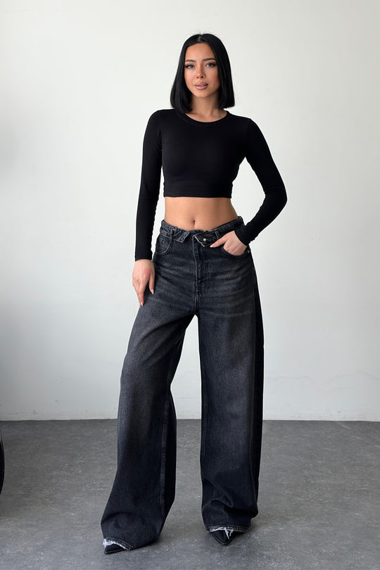 Routines Folded Waist Baggy Jeans - Washed Black 3724 Jeans Routines Fashion