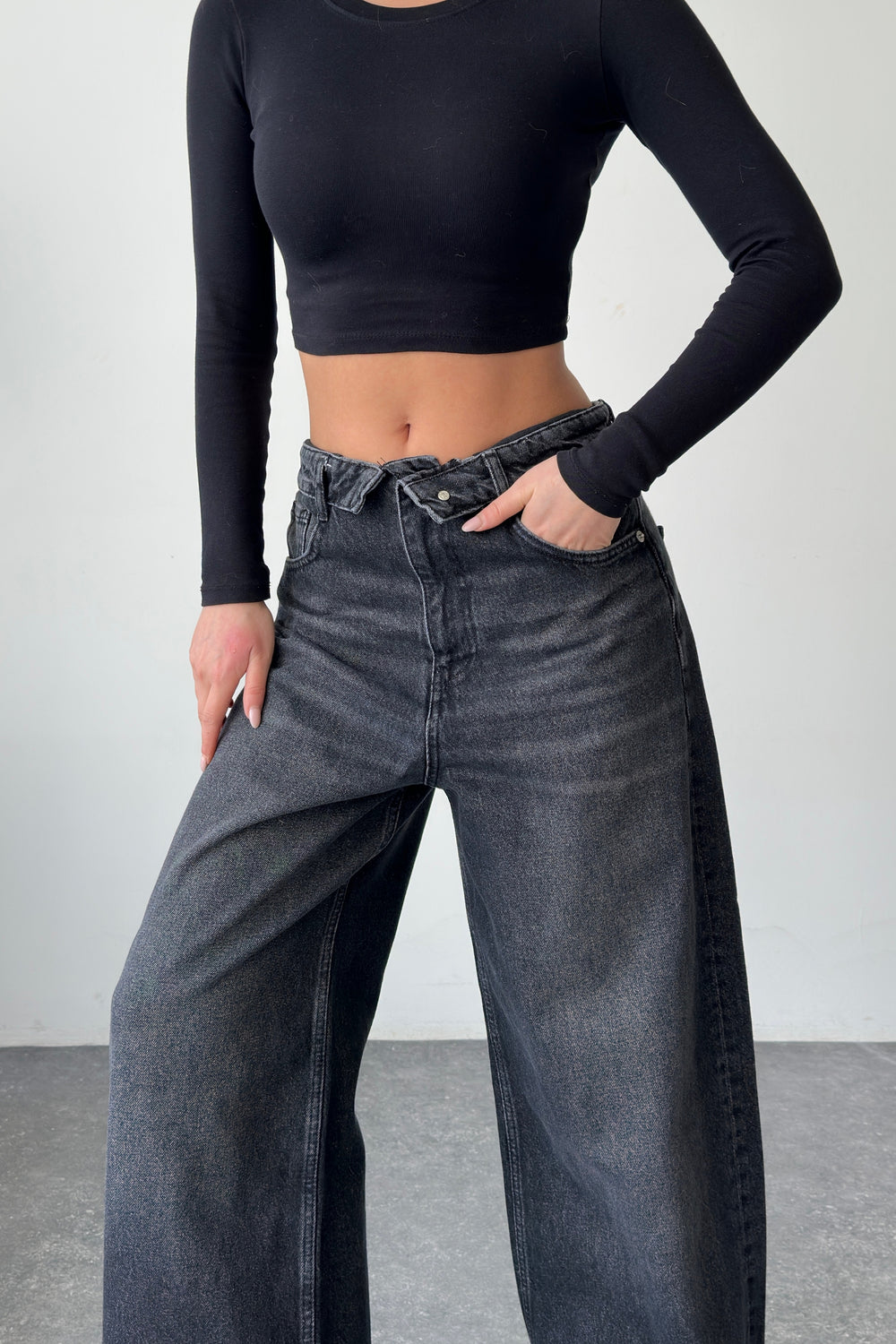 Routines Folded Waist Baggy Jeans - Washed Black 3724 Jeans Routines Fashion