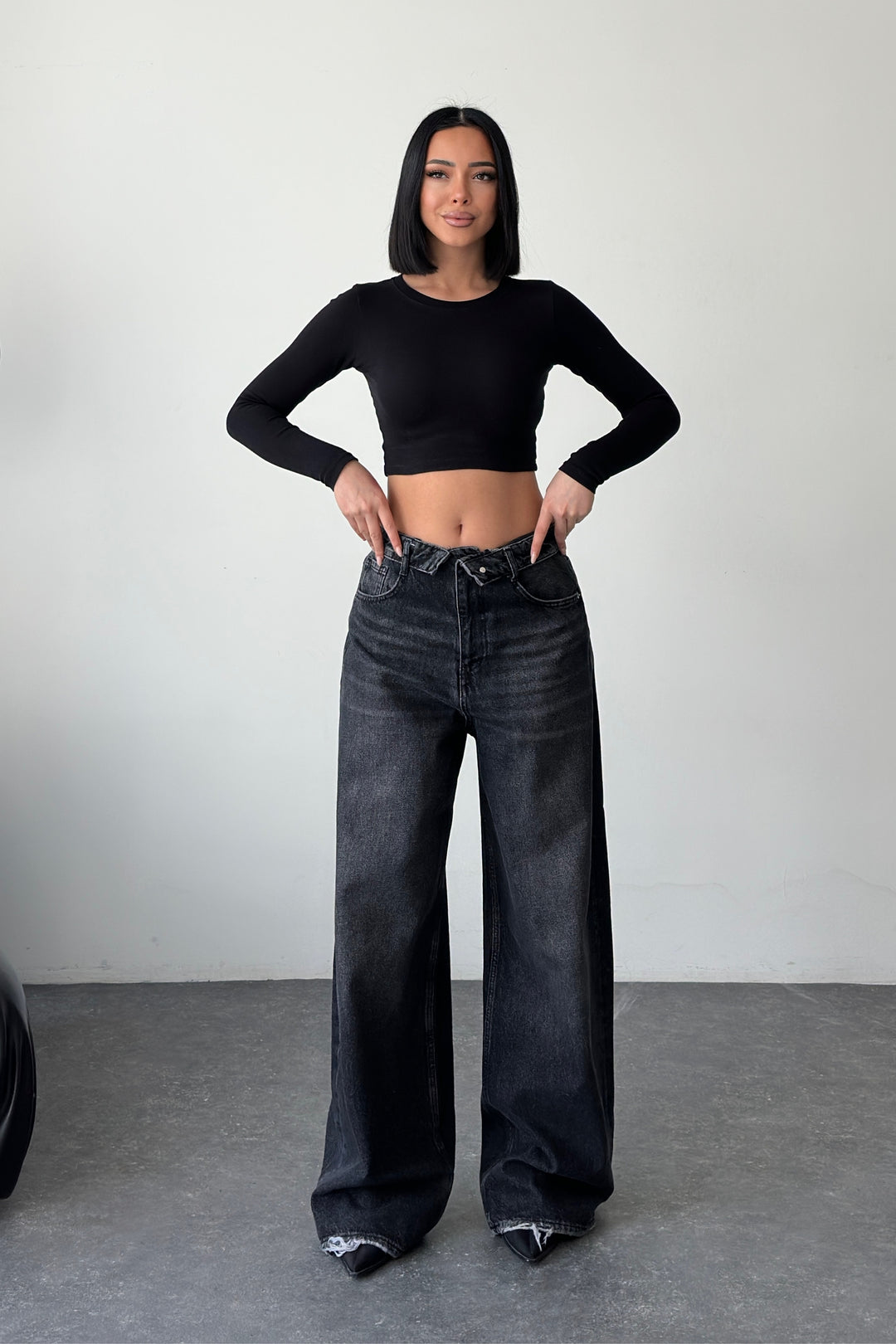 Routines Folded Waist Baggy Jeans - Washed Black 3724 Jeans Routines Fashion