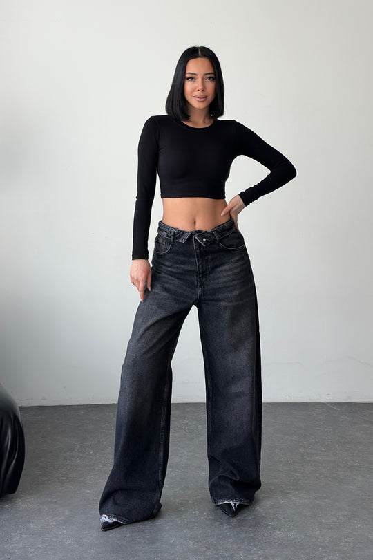 Routines Folded Waist Baggy Jeans - Washed Black 3724 Jeans Routines Fashion